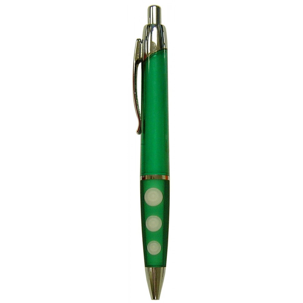Ball Point Pen, Green/White Dots - Green Rubber Grip - Pad Printed Logo Branded Ball Point Pen, Green/White Dots - Green Rubber Grip - Pad Printed Logo Branded