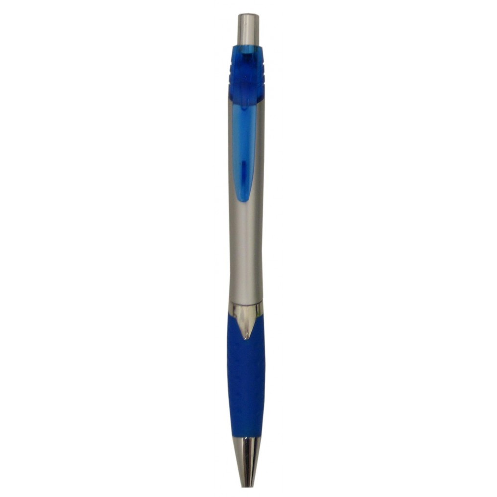 Ball Point Pen, Silver - Blue Clip & Blue Rubber Grip - Pad Printed Custom Imprinted