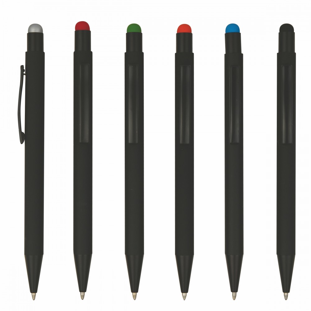 Custom Imprinted Soft Rubber Click Metal Ballpoint Pen w/Stylus & Chrome Logo Custom Imprinted Soft Rubber Click Metal Ballpoint Pen w/Stylus & Chrome Logo