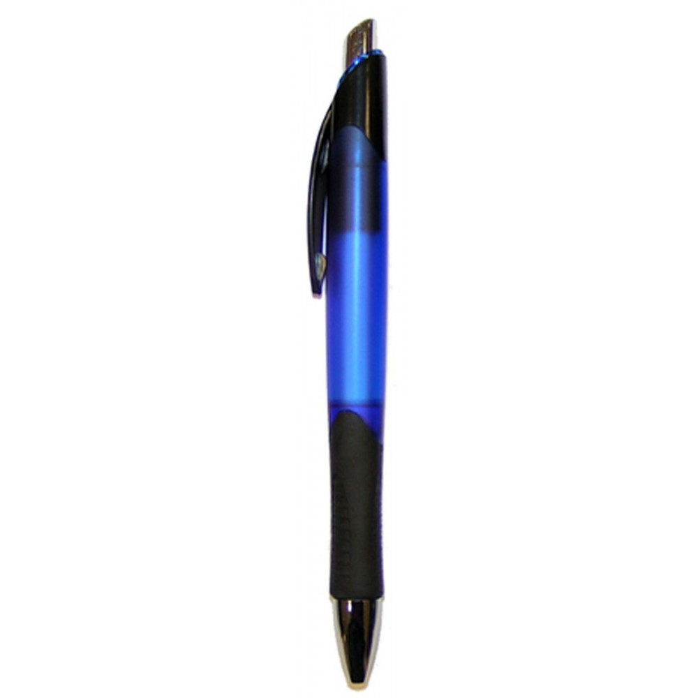 Ball Point Pen, Blue - Black Pocket Clip - Black Rubber Grip - Pad Printed Custom Imprinted