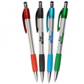 Silver Matte Barrel Pen w/ Stylus, Colored Rubber Grips & Accents Logo Branded