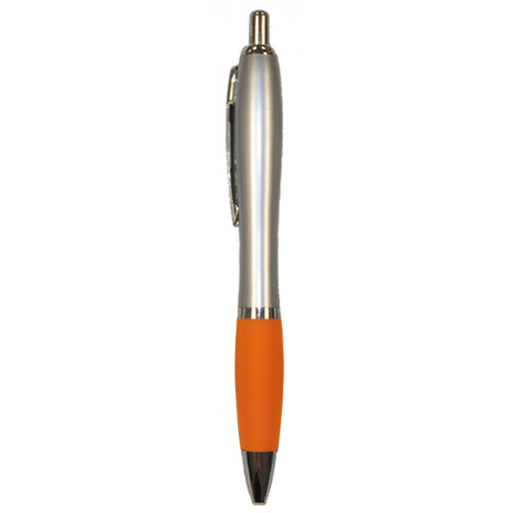 Custom Engraved Ball Point Pen, Silver/Orange Rubber Grip - Pad Printed Custom Engraved Ball Point Pen, Silver/Orange Rubber Grip - Pad Printed