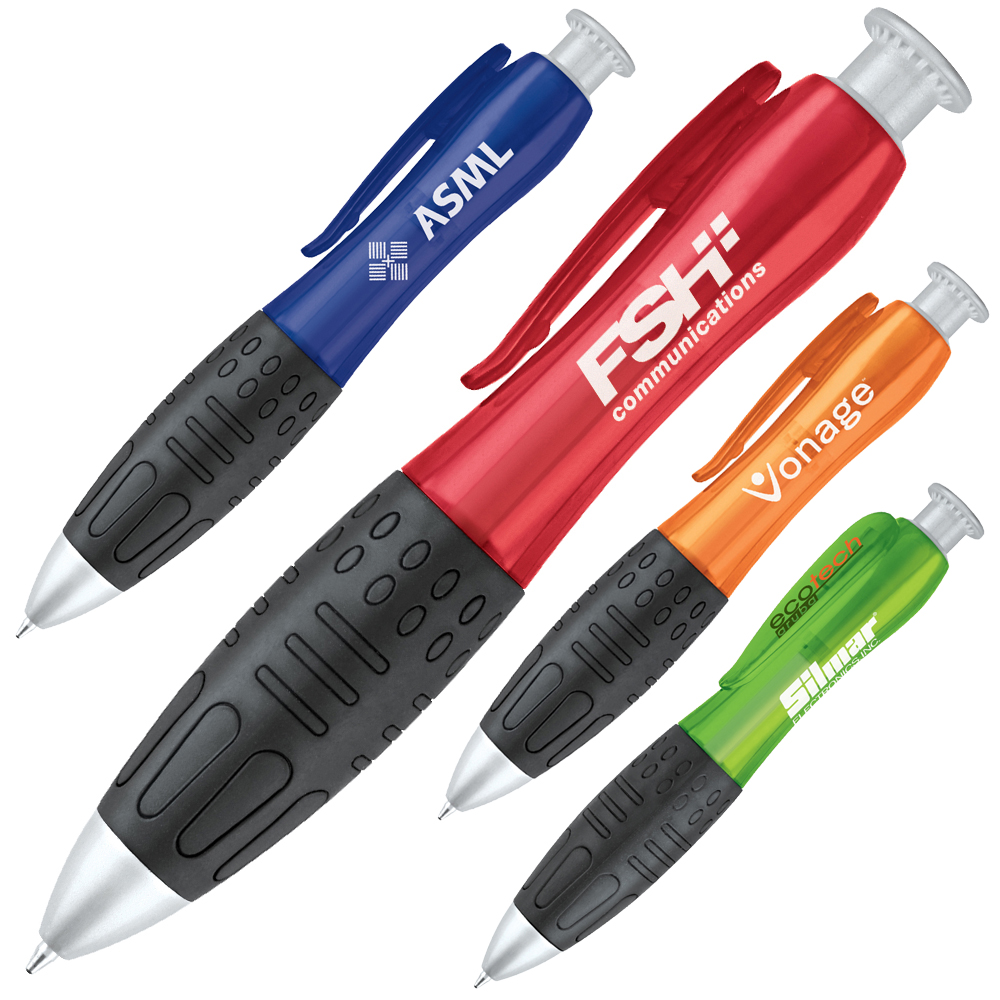 Plunge Action Mechanism Ballpoint Pen w/ Black Rubber Grip (OUTDATED) Custom Imprinted Plunge Action Mechanism Ballpoint Pen w/ Black Rubber Grip (OUTDATED) Custom Imprinted