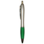 Ball Point Pen, Silver w/Green Rubber Grip- Pad Printed Custom Engraved