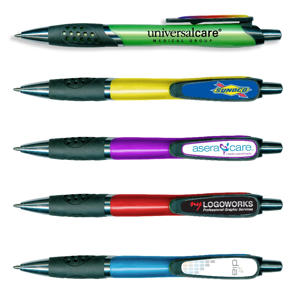 Metallic Pen w/ Black Rubber Grip Logo Branded Metallic Pen w/ Black Rubber Grip Logo Branded