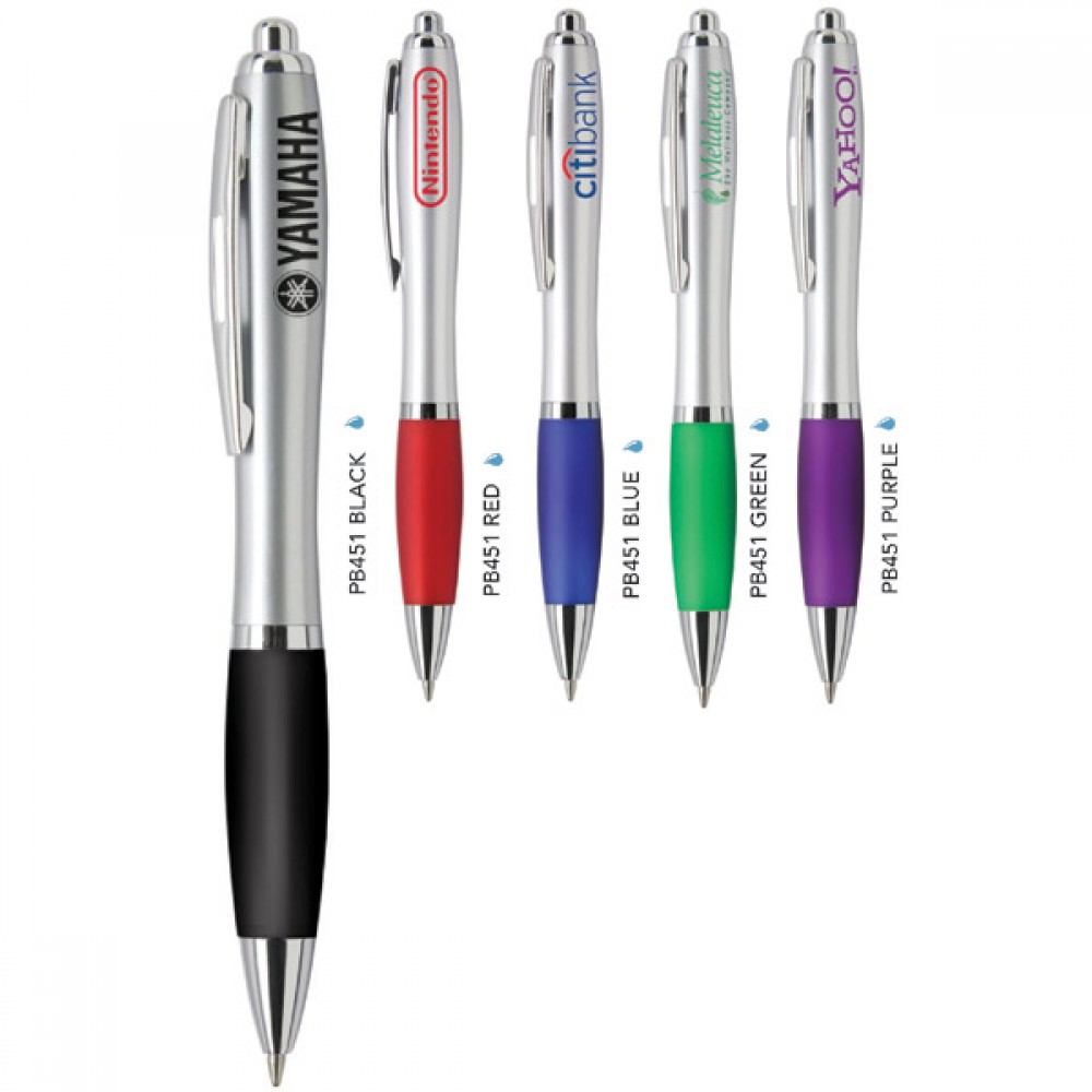 Silver Polymer Ballpoint Pen w/ Colored Grip Logo Branded Silver Polymer Ballpoint Pen w/ Colored Grip Logo Branded