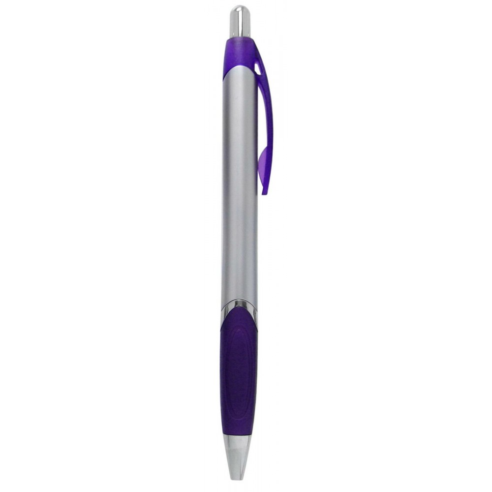 Ball Point Pen, Silver/Purple - Purple Rubber Grip - Pad Printed Logo Branded