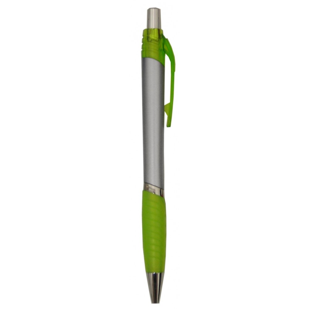Custom Imprinted Ball Point Pen, Silver - Lime Green Clip & Rubber Grip- Pad Printed