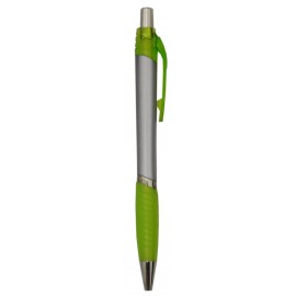 Custom Imprinted Ball Point Pen, Silver - Lime Green Clip & Rubber Grip- Pad Printed