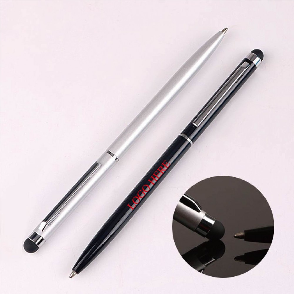 2 In 1 Twist Action Ballpoint Stylus Metal Pen / Silver Trim Logo Branded