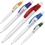 Custom Engraved Click Action Plastic Pen w/ Translucent Wide Pocket Clip & Solid White Barrel