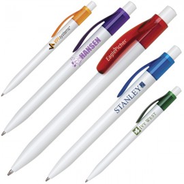 Custom Imprinted Click Action Plastic Pen w/ Translucent Wide Pocket Clip & Solid White Barrel