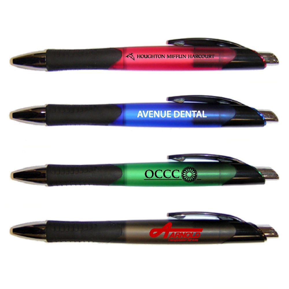 Translucent Ballpoint Pen w/ Black Grip & Trim Logo Branded Translucent Ballpoint Pen w/ Black Grip & Trim Logo Branded