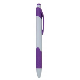 Ball Point Pen, White/Purple - Purple Rubber Grip - Pad Printed Logo Branded