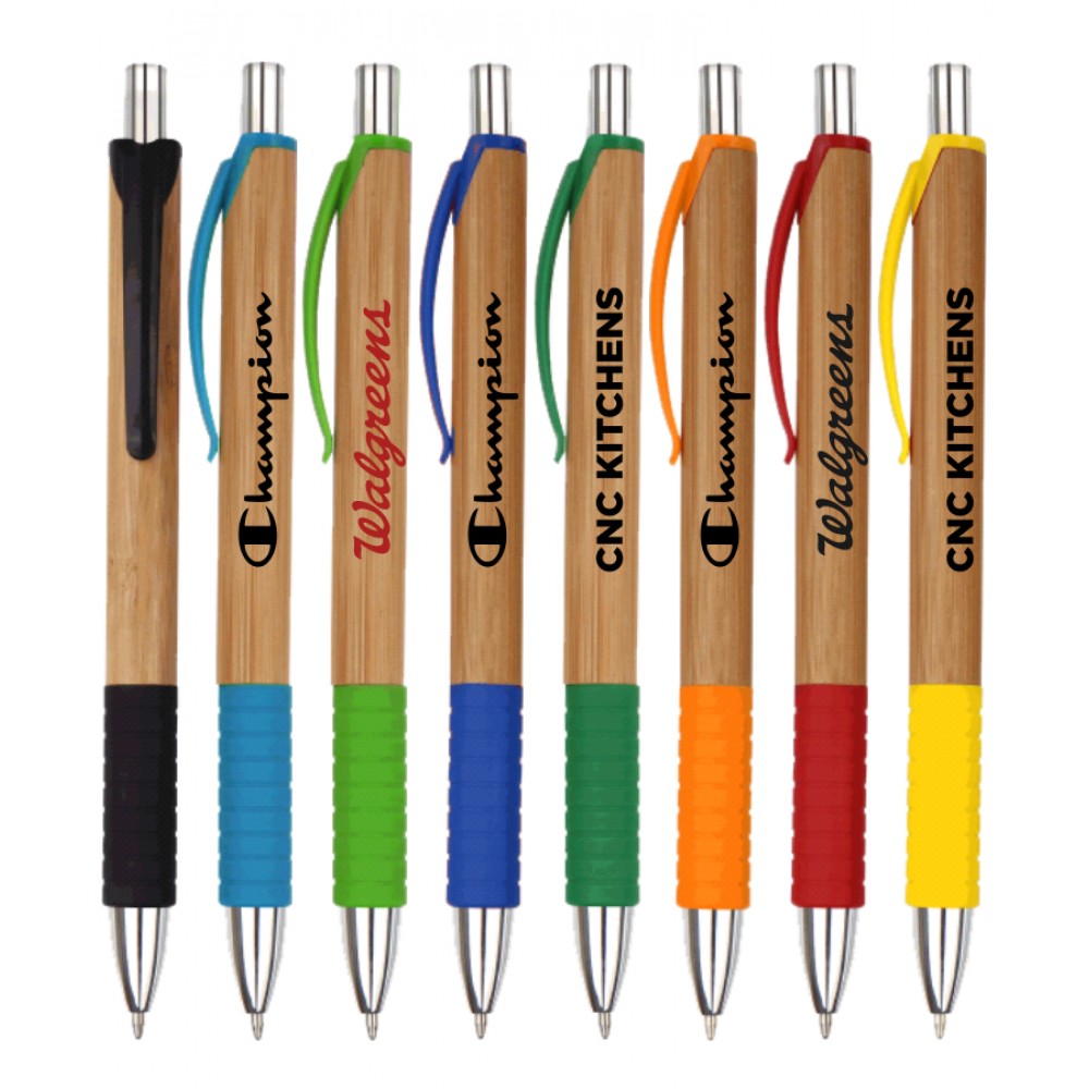 Custom Imprinted Eco Friednly - Click Action Pen - Bamboo Barrels with Solid Colored Grip and Pocket Clip