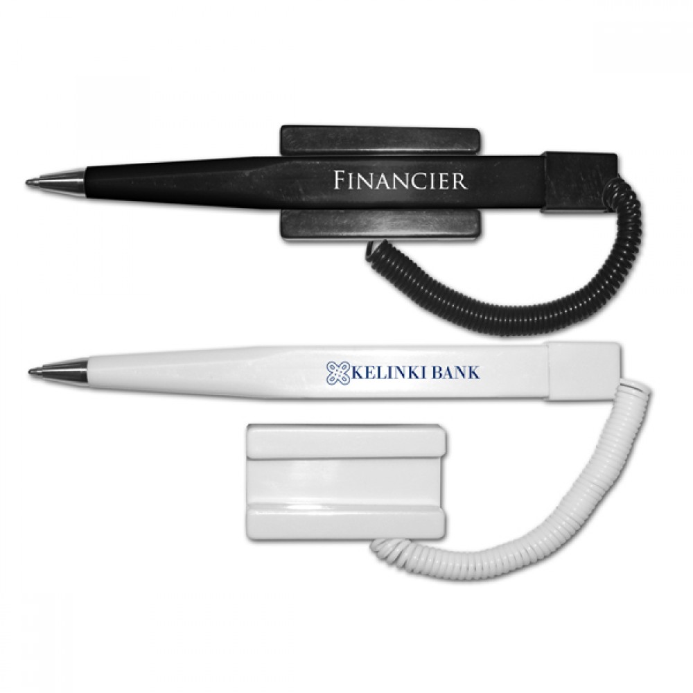 Logo Branded Financier Ballpoint Pen Coil Cord w/Stick-On Base - Black Ink Logo Branded Financier Ballpoint Pen Coil Cord w/Stick-On Base - Black Ink