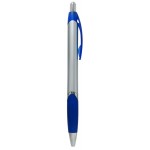Ball Point Pen, Silver/Blue - Blue Rubber Grip - Pad Printed Custom Engraved