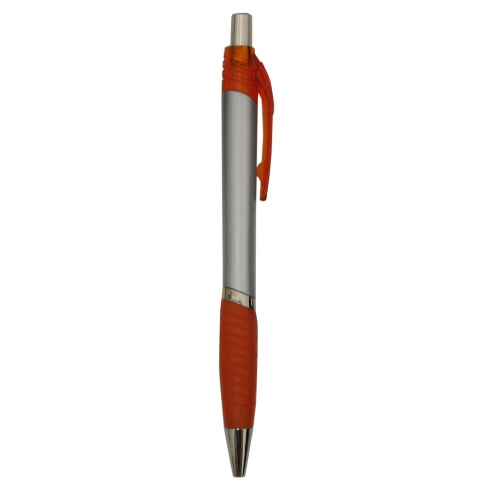 Ball Point Pen, Silver - Orange Clip & Orange Rubber Clip - Pad Printed Logo Branded