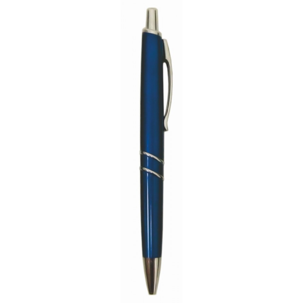 Ball Point Pen, Satin Blue/Silver - Metal Pocket Clip - Pad Printed Custom Engraved