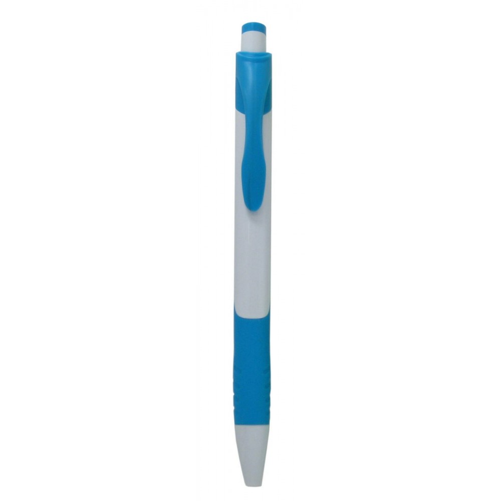 Ball Point Pen, White/Blue - Blue Rubber Grip - Pad Printed Custom Engraved