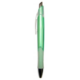 Ball Point Pen, Green - Clear Pocket Clip - Clear Rubber Grip - Pad Printed Custom Engraved