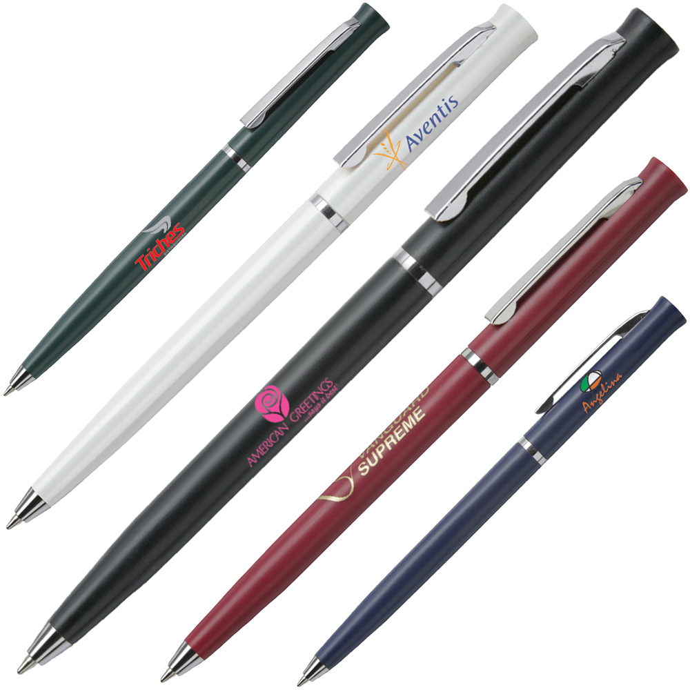 Custom Imprinted Ultra Slim Plastic Twist Action Ballpoint Pen w/ Stainless Steel Tip & Clip