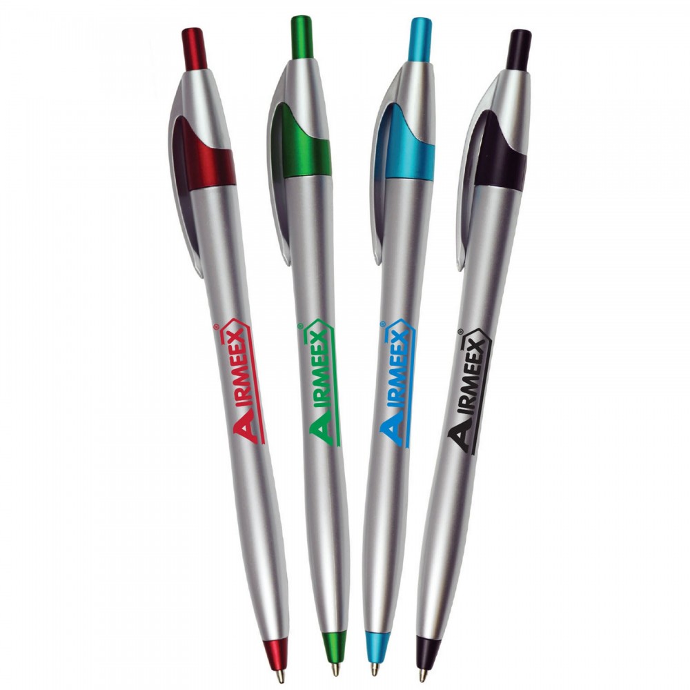 Custom Imprinted Silver Barrel European Design Ballpoint Pen w/ Colored Accents Custom Imprinted Silver Barrel European Design Ballpoint Pen w/ Colored Accents