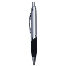 Ball Point Pen, Silver - Black Rubber Grip - Pad Printed Custom Engraved