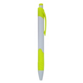 Ball Point Pen, White/Yellow - Yellow Rubber Grip - Pad Printed Custom Engraved