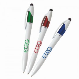 Custom Engraved White Barrel European Design Ballpoint Pen w/ 3 Writing Ink Colors & Stylus