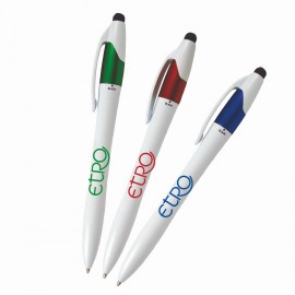 Custom Engraved White Barrel European Design Ballpoint Pen w/ 3 Writing Ink Colors & Stylus  Custom Engraved White Barrel European Design Ballpoint Pen w/ 3 Writing Ink Colors & Stylus