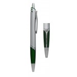 Ball Point Pen, Silver/Green - Pad Printed Logo Branded