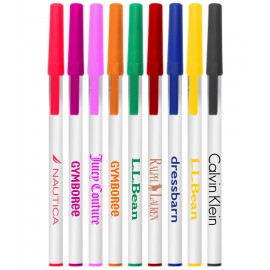 Union Printed - White Stick Pens with Colored Caps - Blue Ink Logo Branded