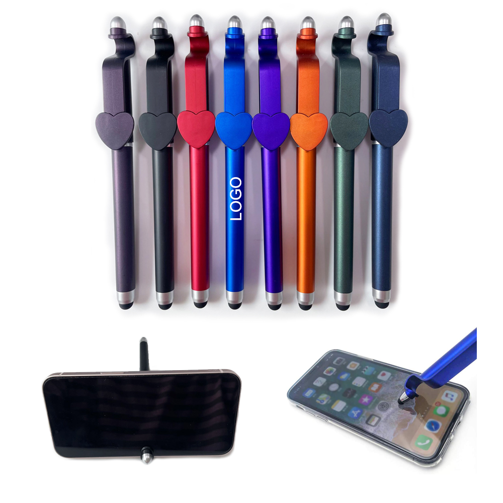 Logo Branded 3-in-1 Custom Plastic Heart-Shape Matte Finish Gel Ink Ballpoint Pen w/Stylus & Phone Stand