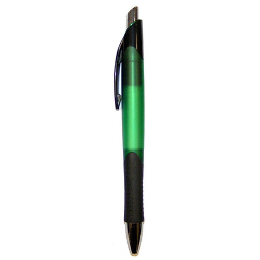Logo Branded Ball Point Pen, Green - Black Pocket Clip - Black Rubber Grip - Pad Printed