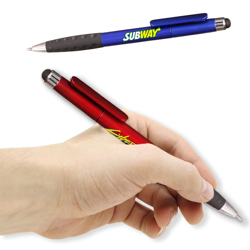 Custom Imprinted Twist Plastic Pens w/ Rubber Grip & Stylus Top Ballpoint Pen