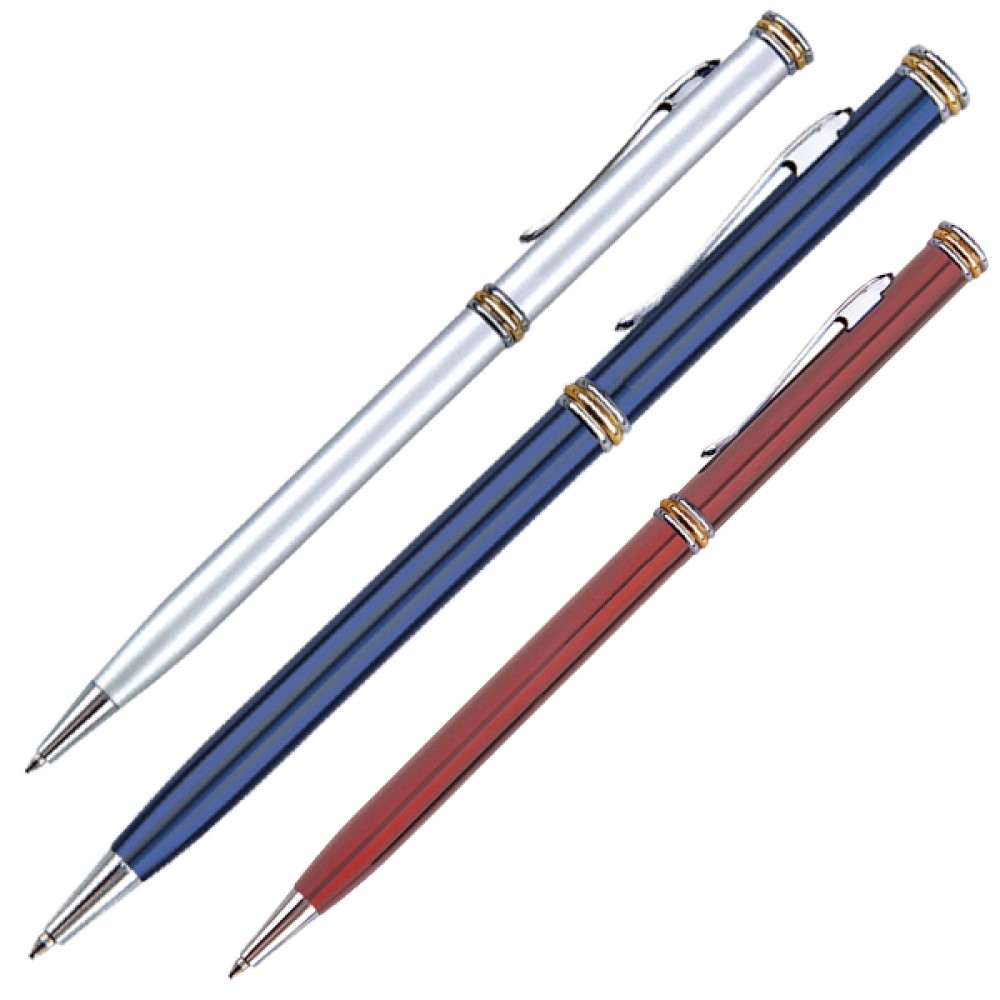 Twist Action Mechanism Slim Ballpoint Pen w/ Chrome & Gold Trim Custom Imprinted Twist Action Mechanism Slim Ballpoint Pen w/ Chrome & Gold Trim Custom Imprinted