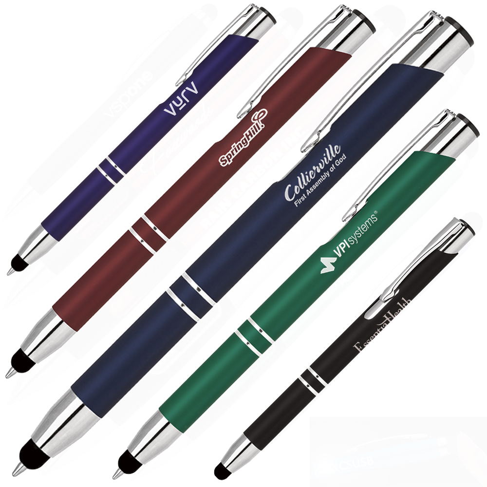 Click action aluminum stylus pen, Rubber finish barrel Custom Engraved