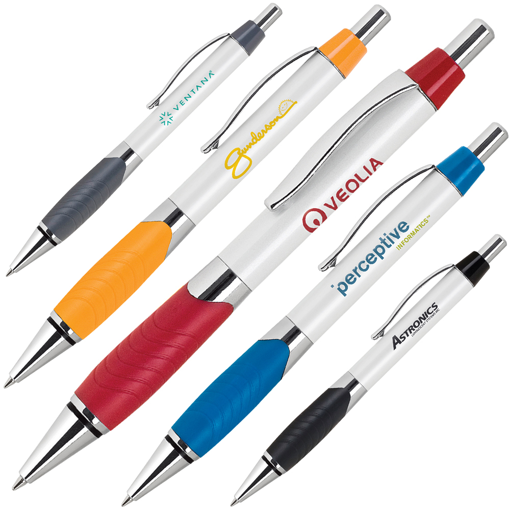 Custom Imprinted Aluminum Ballpoint Pen w/ Pearl White Barrel & Rubber Grip Custom Imprinted Aluminum Ballpoint Pen w/ Pearl White Barrel & Rubber Grip