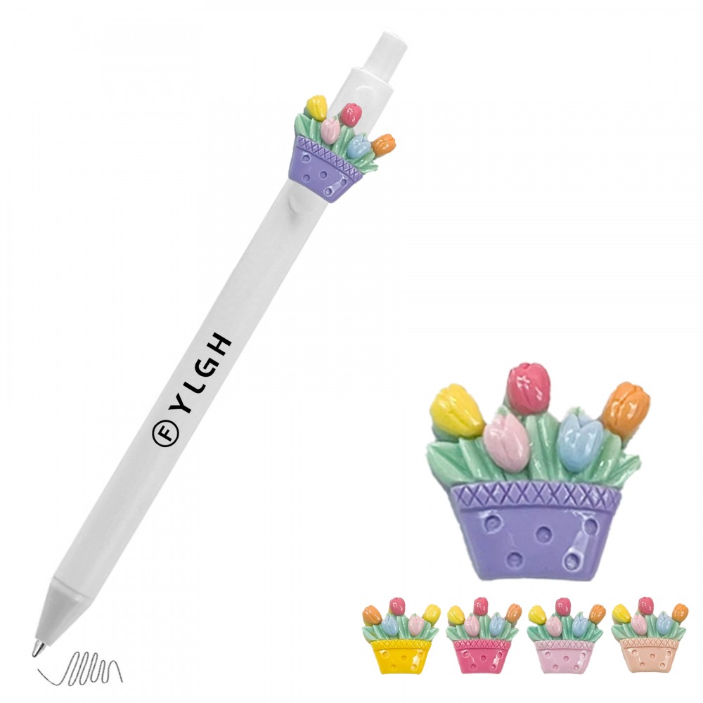 Click Activated Pen with Tulip Flower Pot Custom Imprinted