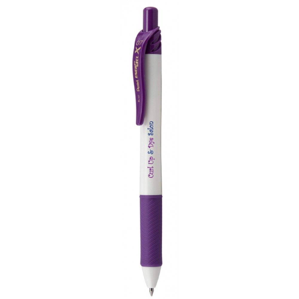 EnerGel-X White Barrel Metal Tip Gel Ink Pen - Violet Logo Branded EnerGel-X White Barrel Metal Tip Gel Ink Pen - Violet Logo Branded