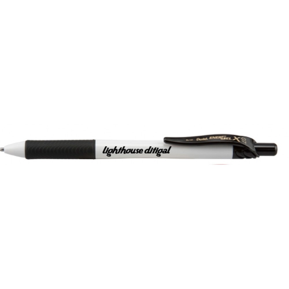 EnerGel-X White Barrel Metal Tip Gel Ink Pen - Black Logo Branded EnerGel-X White Barrel Metal Tip Gel Ink Pen - Black Logo Branded