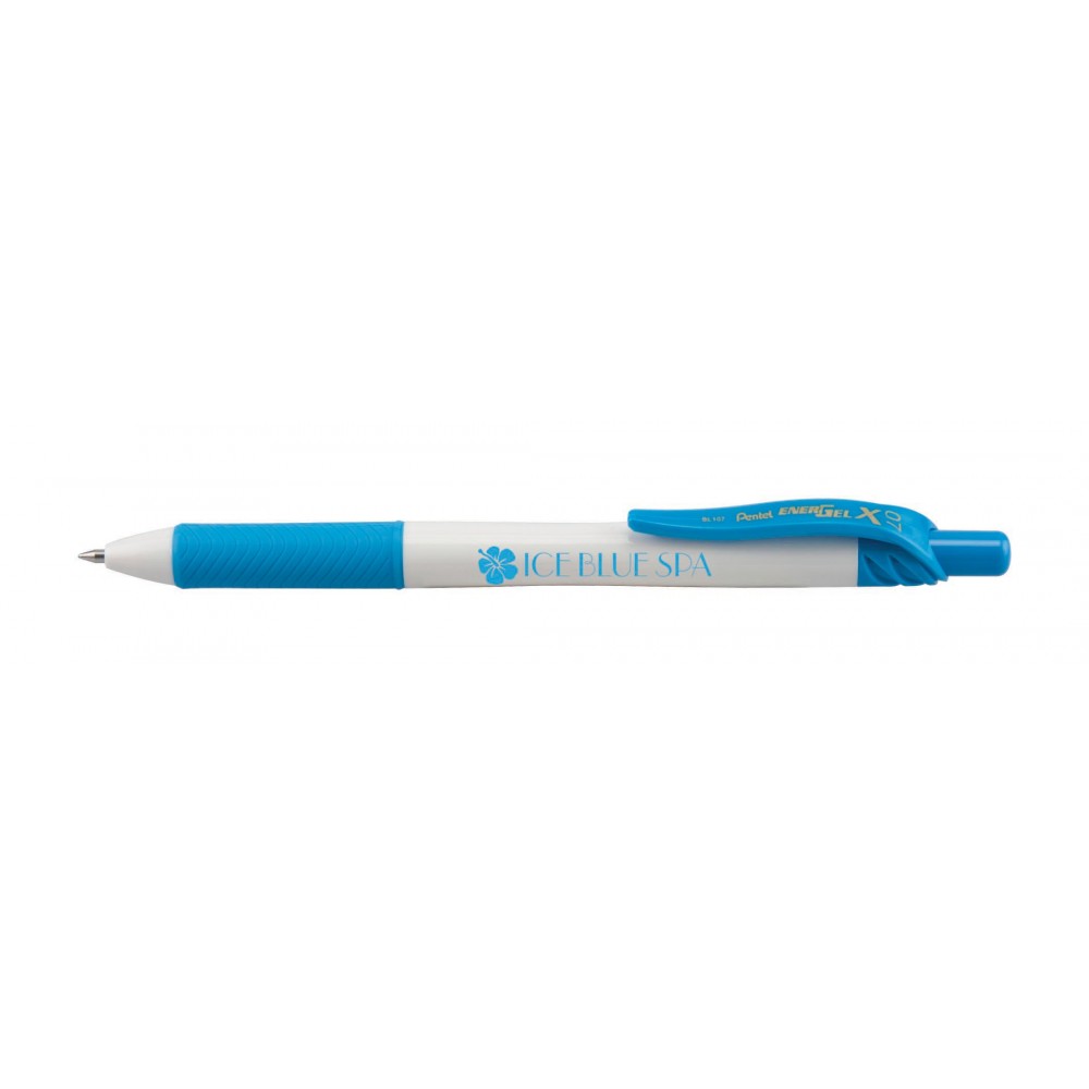 EnerGel-X White Barrel Metal Tip Gel Ink Pen - Sky Blue Custom Engraved