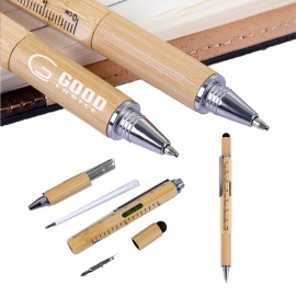 6 in 1 Multifunctional Bamboo Ballpoint Pen Custom Imprinted