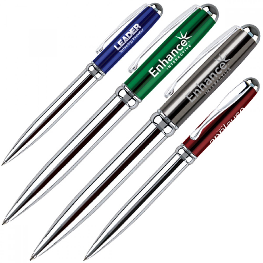 Custom Engraved Metallic Finish Brass Twist Action Mechanism Ballpoint Pen w/ Polished Chrome Trim Custom Engraved Metallic Finish Brass Twist Action Mechanism Ballpoint Pen w/ Polished Chrome Trim