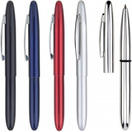 Pocket Pen Series - mini pocket size ball point pen. Brass metal, cap, chrome trim, red pen. Logo Branded