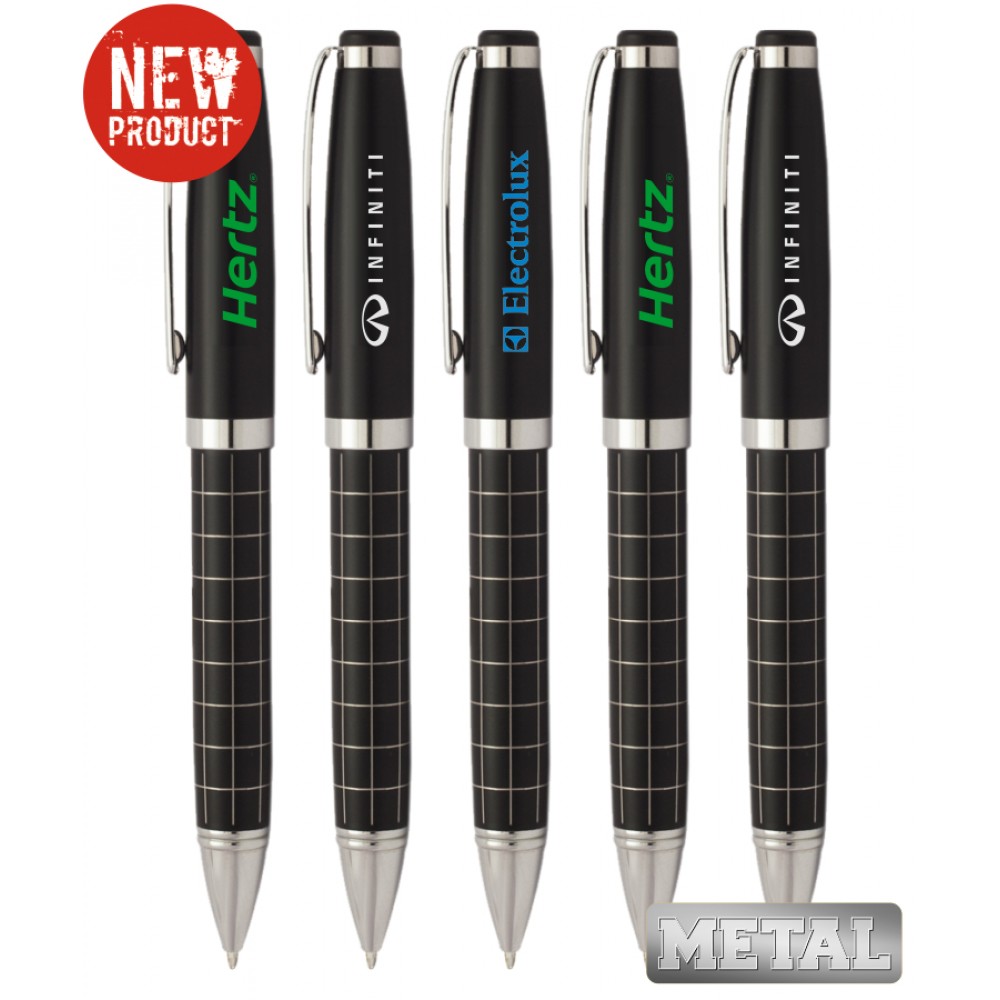 Custom Imprinted Union Printed, Promotional "Ebon" Grid All Metal Twister Pen Custom Imprinted Union Printed, Promotional "Ebon" Grid All Metal Twister Pen