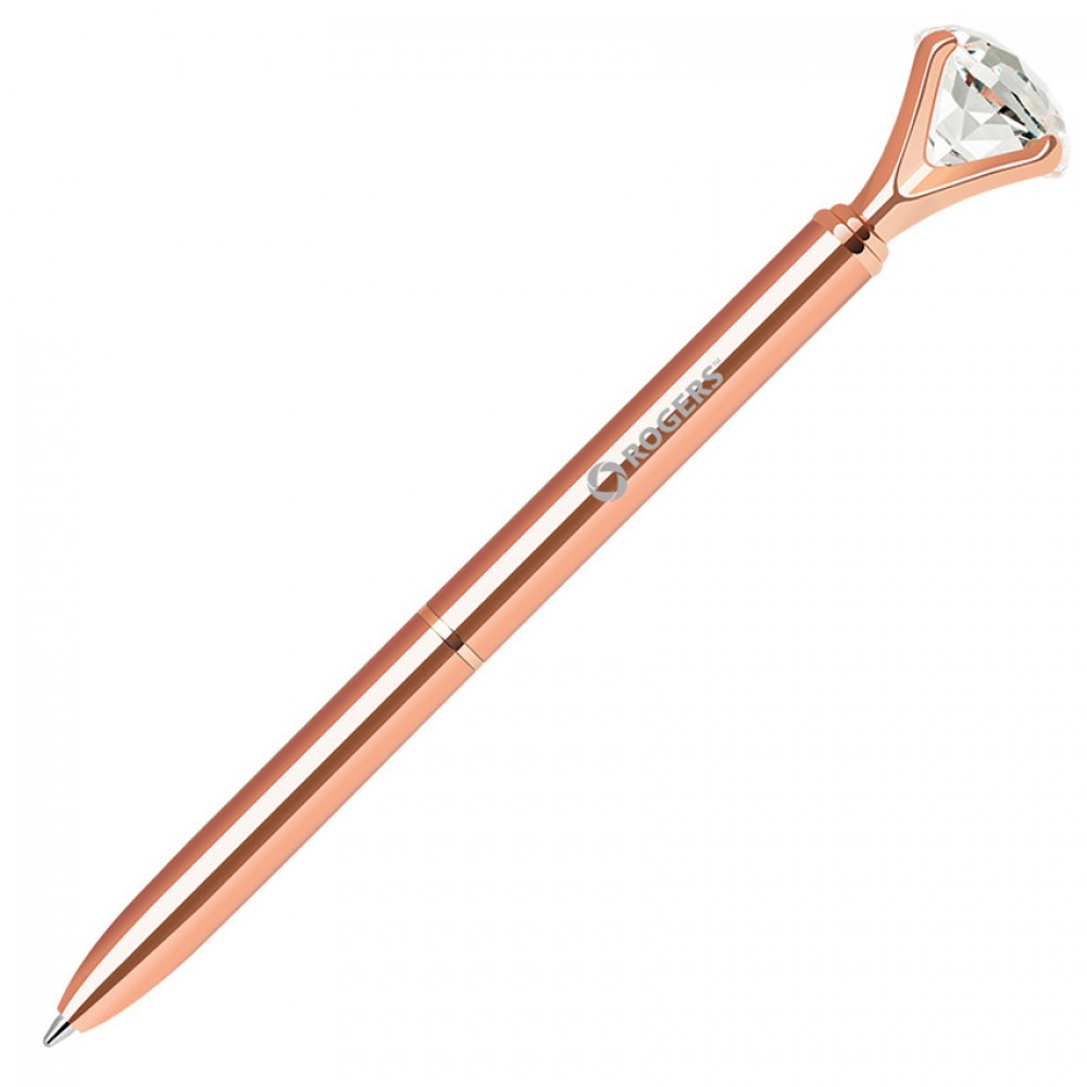 Brass twist action ballpoint pen with embedded diamond crystal on top. Custom Imprinted