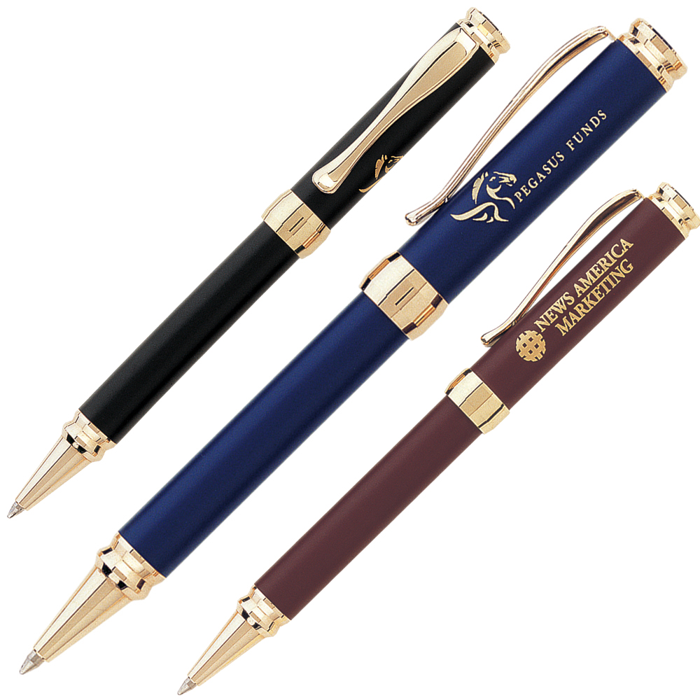Custom Imprinted Click Action Brass Ballpoint Pen w/ Matte Lacquer Finish & Gold Plated Accents