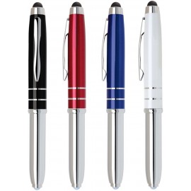 Logo Branded Lumos Light Pen and Stylus. Combination of LED light, ball point pen & touch screen blue stylus pen